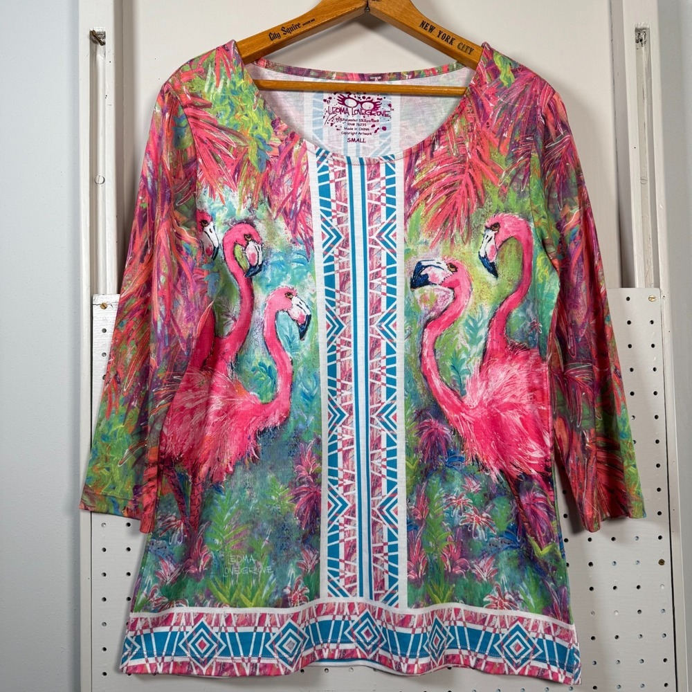 Leoma Lovegrove Tunic Top Women's Small Pink Flamingo-Print Classic‎ Round Neck